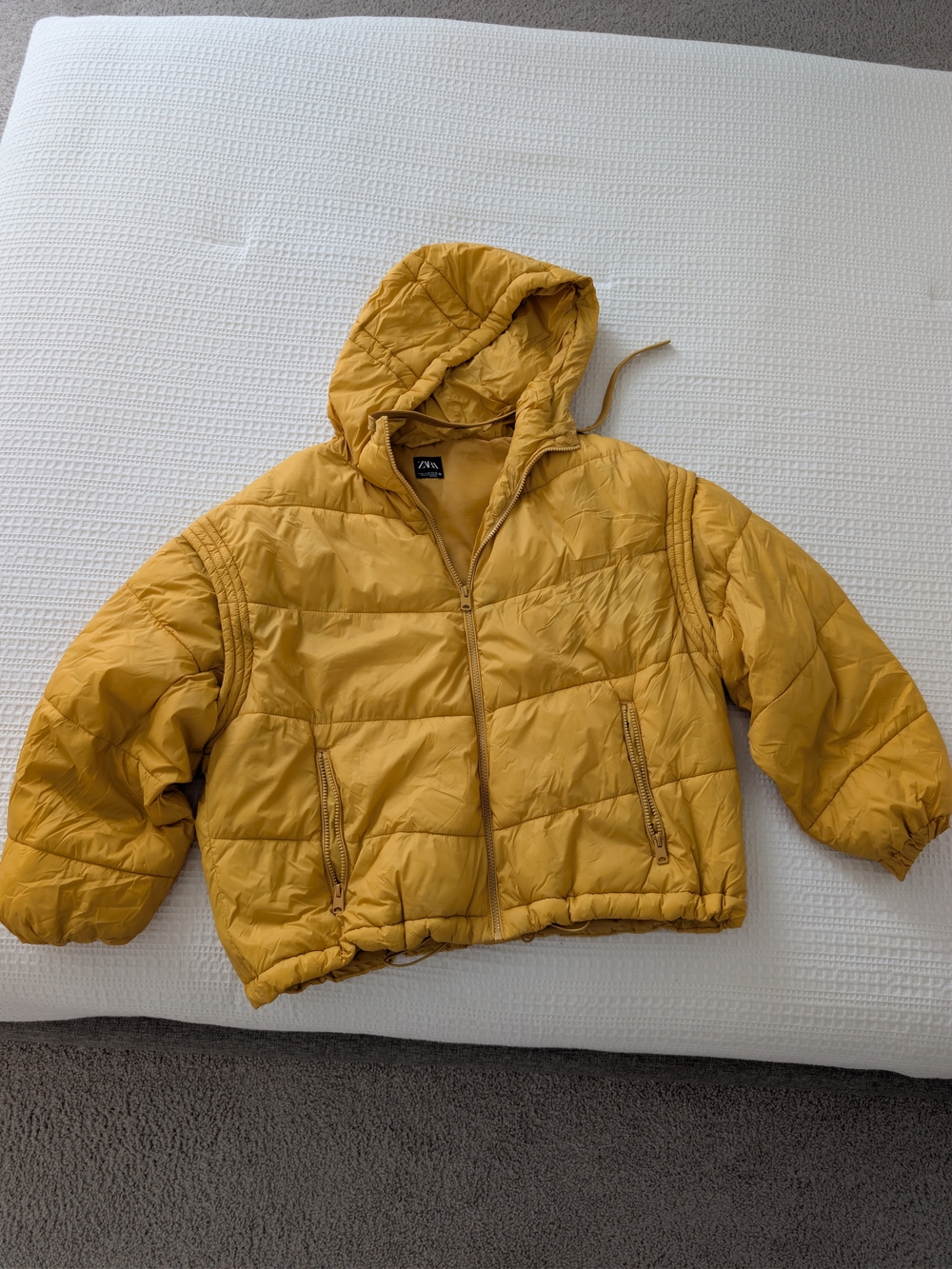 Zara Mustard Yellow Hooded Puffer Jacket